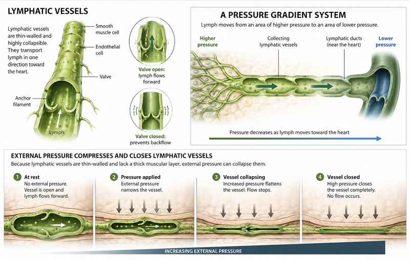 Lymphatic vessels diagram showing pressure gradient system and how external pressure compresses lymphatic vessels