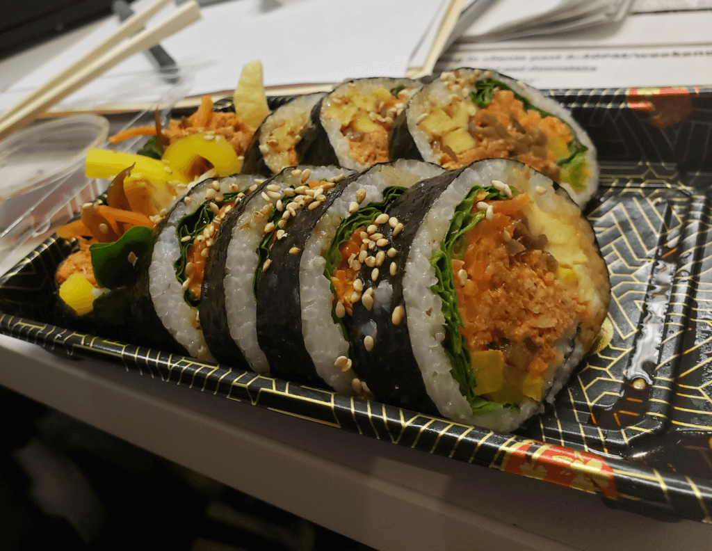 Close up of spciy tuna gimbap roll from Gochujung Luncheon in Food Gallery 32 in Koreatown New York City
