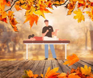 graphic of massage therapist giving massage in fall leaves