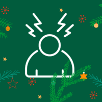 green spruce holiday background with a stressed out figure line drawing over top