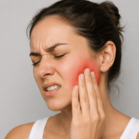 Body Mechanics image of a woman touching the side of her face due to jaw pain from tmd